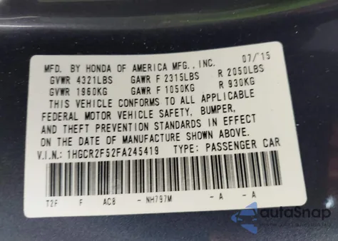 2015 Honda Accord Sport из США, поврежденный, VIN 1HGCR2F52FA245419